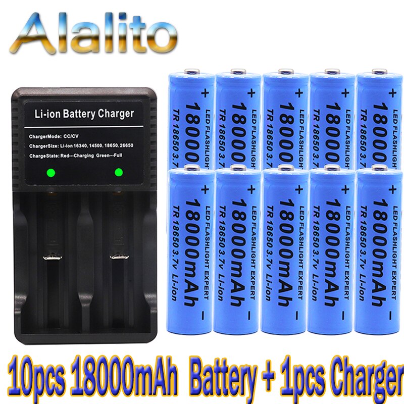 100% Original 3.7v 18000mah 18650 Lithium Rechargeable Battery For battery pack power tool Flashlight batteries+charger: Green