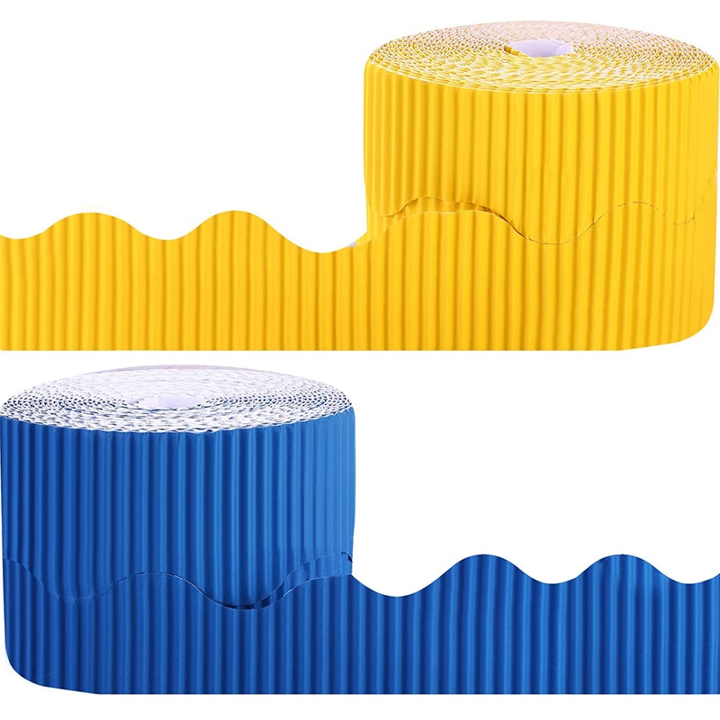 2 rollos de papel de fondo de decoración de bordes festoneados de tablón de anuncios para bordes decorativos (amarillo y azul)