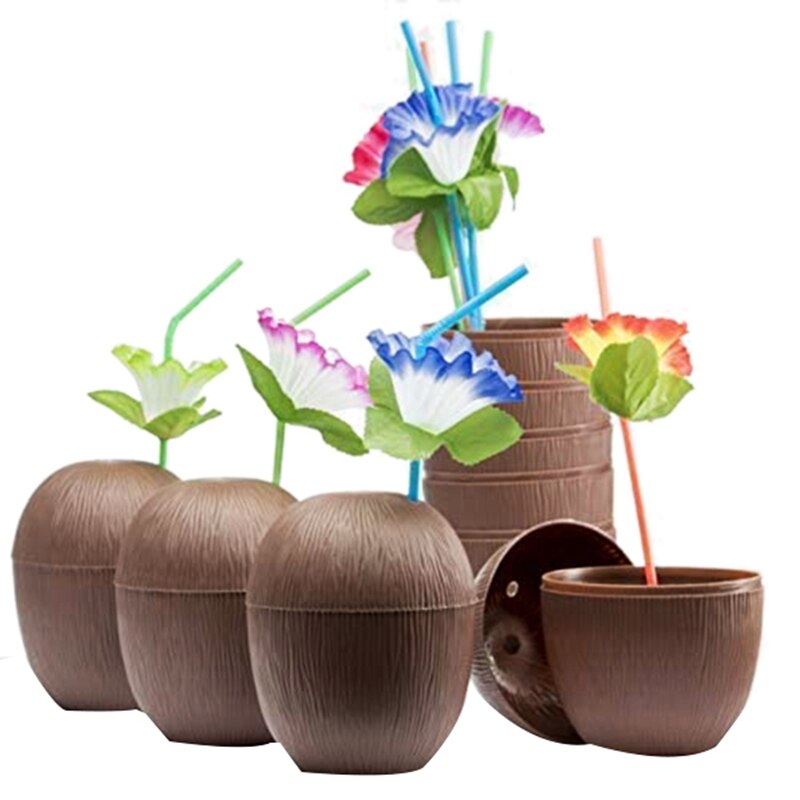 30 Pack Coconut Cups Hawaiian Luau Kids Party with Hibiscus Flower Straws,Beach Theme Party Fun Drink or Decoration Cups