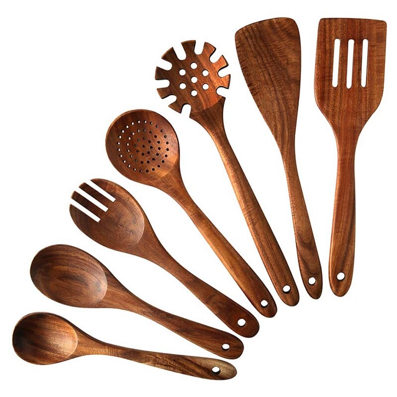 Utensilios de cocina de madera, 8 Uds. Cucharas y espátula de madera para cocinar, elegantes, utensilios de cocina para uso en el hogar y la cocina