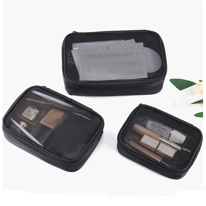 Sort mesh kosmetiktaske til kvinder #39 toiletsæt gennemsigtig makeup-arrangør vaskepose lille stor make-uptaske