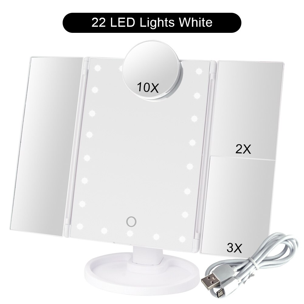 Espejo con LED y 10 aumentos para maquillaje, espejo de maquillaje táctil compacto y flexible, 22 luces LED, aumento 1X/2X/3X/10X: WH 22 Lights Set D