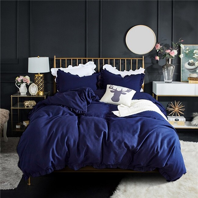 Romantische Roze Beddengoed Set Elegante Ruches Rand Dekbedovertrek Set 2/3 stks Bed Linnen Dekbedovertrek Twin Queen koning Bruiloft Decoratie: navy blue / US Twin  2pcs