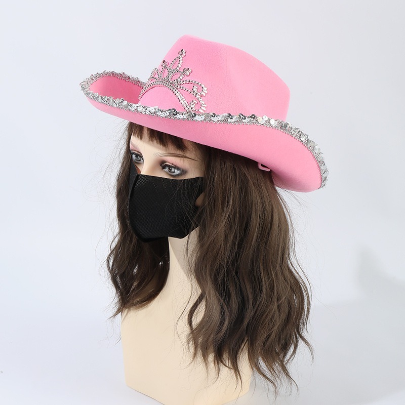 Sombreros de vaquero rosas para mujeres y niñas, sombreros occidentales de ala ancha Y2K, corona brillante, gorros de plumas con lentejuelas, accesorios de disfraz de de vaquera