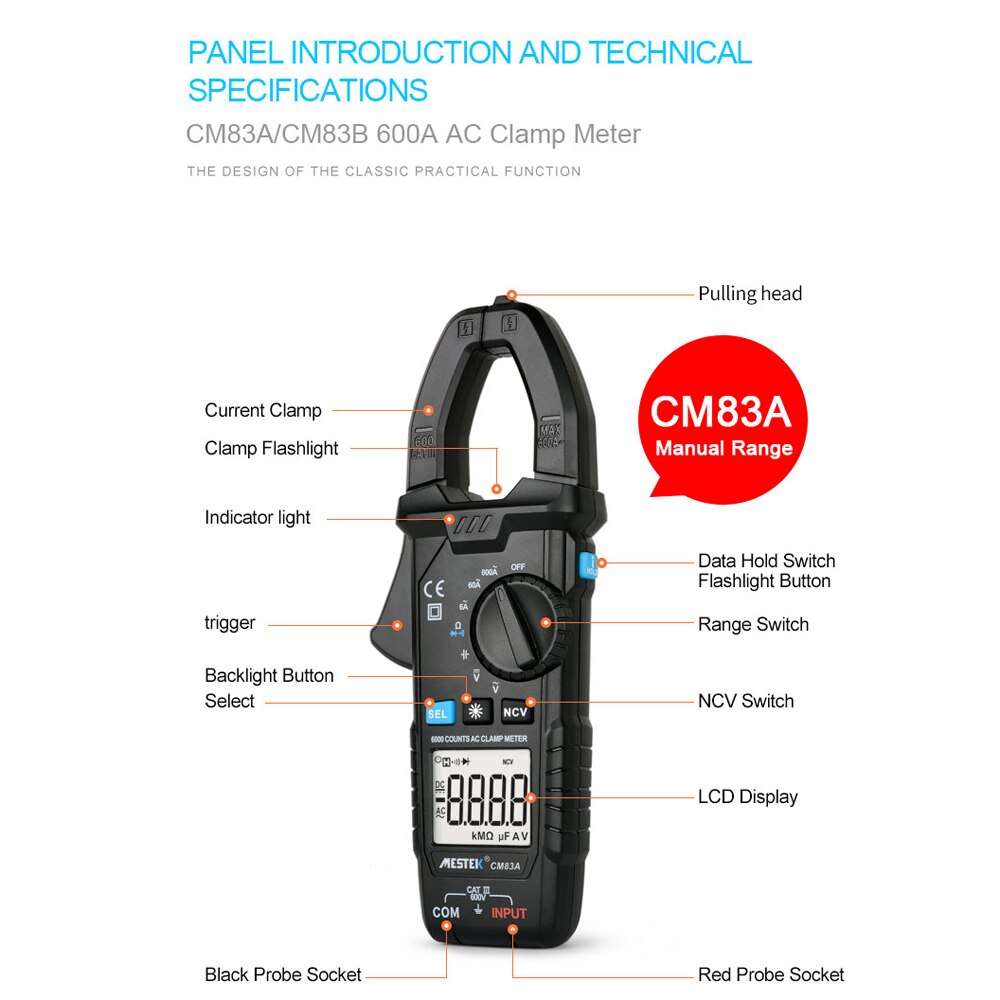MESTEK Digital Clamp Meter 600A AC Current 600V AC/DC Voltage Capacitance Measurement Data Hold Backlight NCV Tester