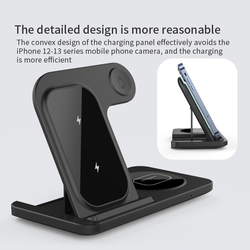3 In 1 15W Fast Qi Wireless Charger Stand for iPhone 13 12 11 XR X 8 Airports Pro Apple Watch 7 6 Foldable Charging Phone Holder