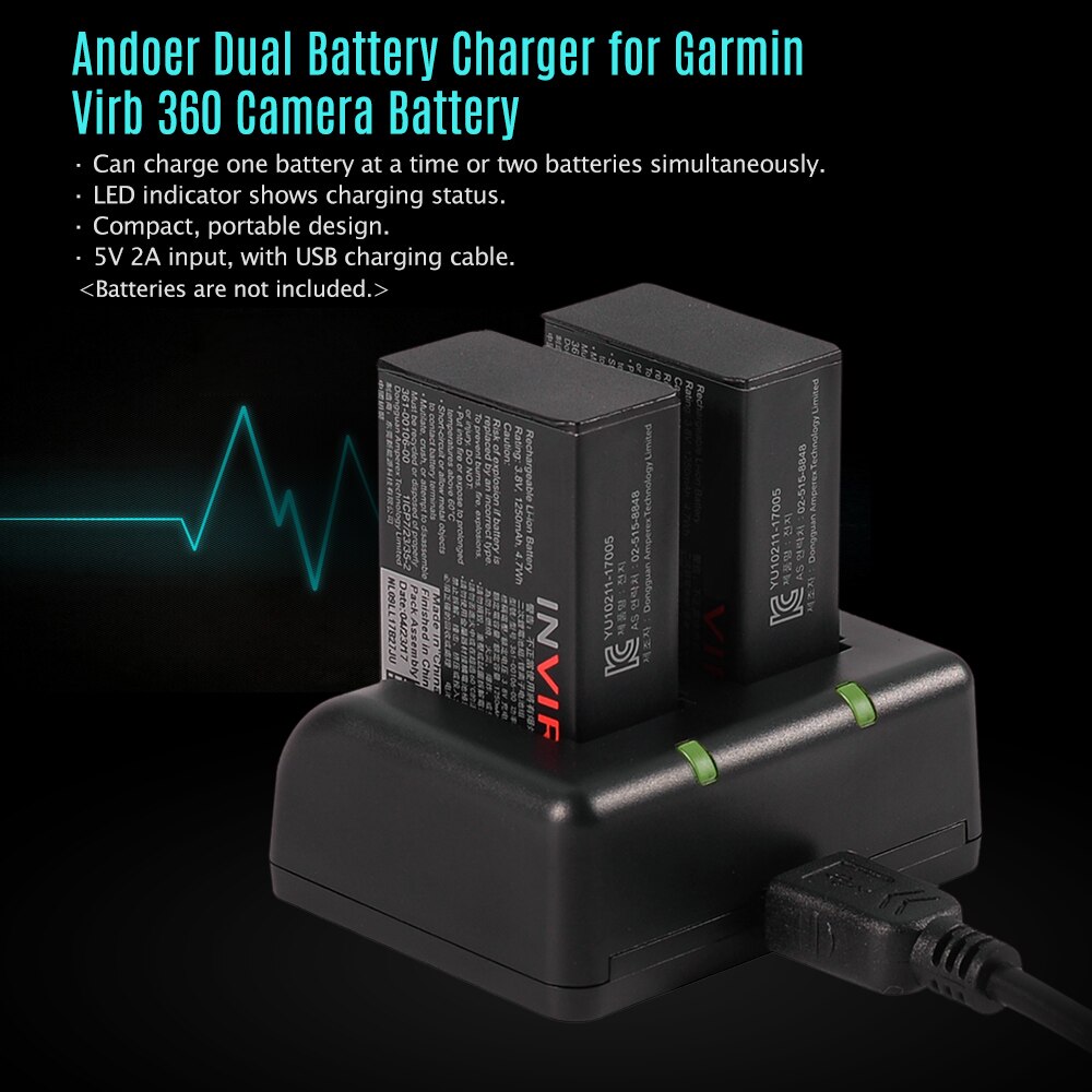 Andoer Dual Battery Charger Panoramisch Camera Batterij Oplader voor Garmin Virb 360 Camera Batterij Oplader Snel Veilig en Draagbare