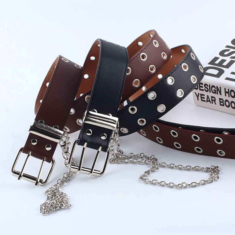 Women Punk Chain Belt Adjustable Black Double/Single Eyelet Leather Buckle Belt women belt