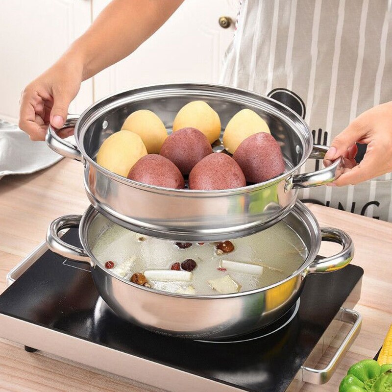 1 Pcs 28Cm Multifunctionele Stoom Pot Dubbele Lagen Soeppan Roestvrij Staal Stoomboot Koken Boiler Kookgerei, Zilver