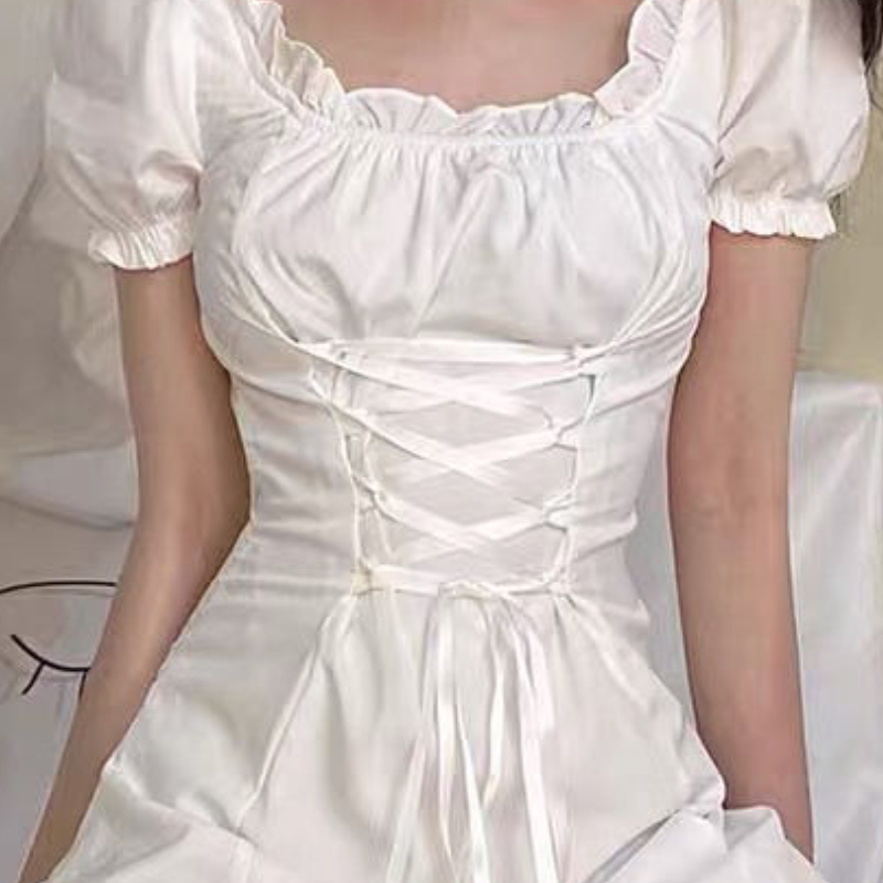 Trendy Streetwear Women Dress A-line Mini Sweet Summer Girls Cool Harajuku Puff Sleeve Empire Simple White Solid Mujer Vestido