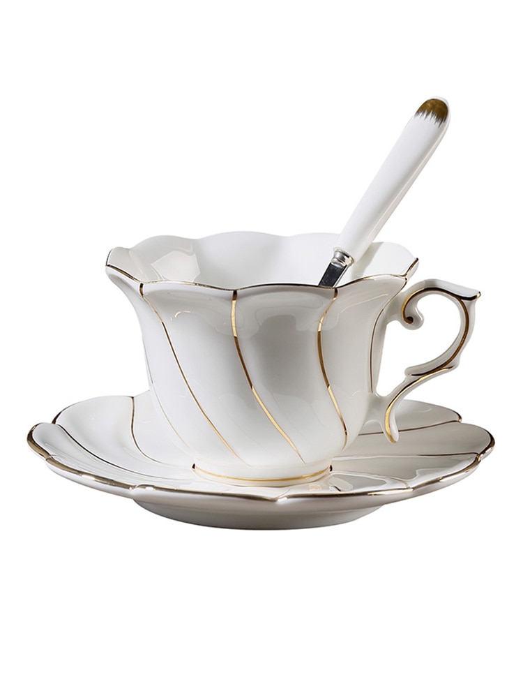 8pcs Ceramic Coffee Cup Saucer Set With Luxury Gold Rim