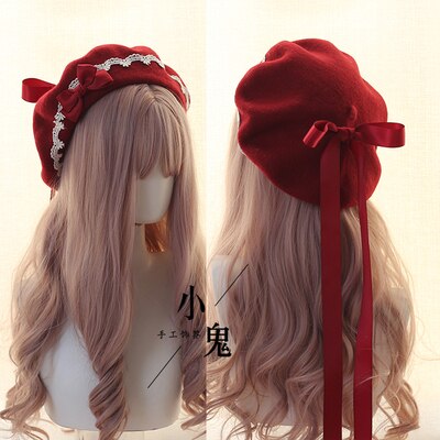 Søt jente lolita kjole tilbehør rosa kawaii bowknot beret søt blonder lett matchende høst vinter loli lue: 8
