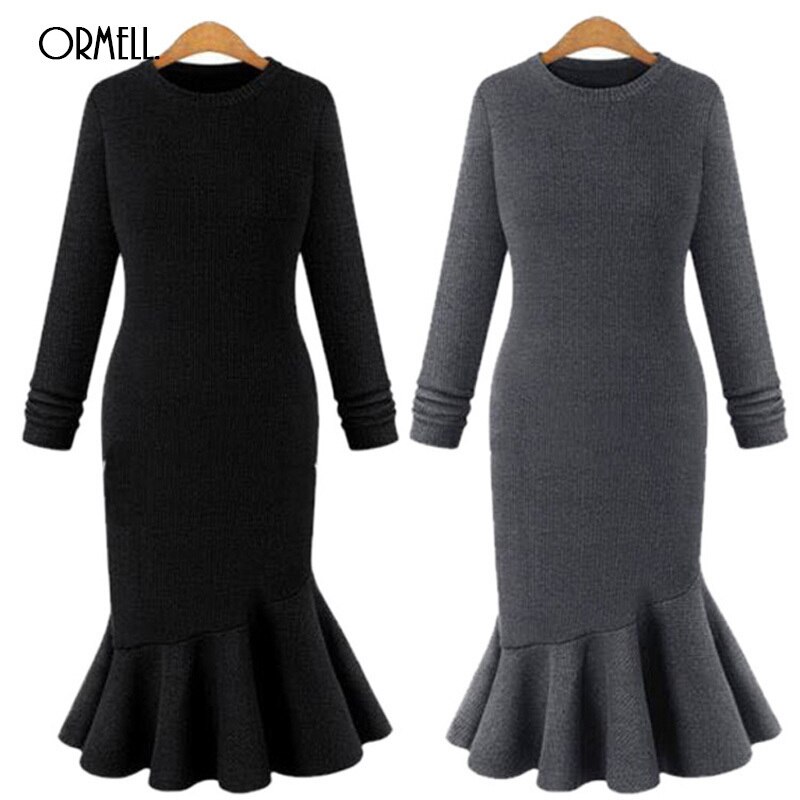 ORMELL Midi Knee Casual Women Knitted Dress Spring Female Long Sleeves Sweater Dresses Vintage Vestidos