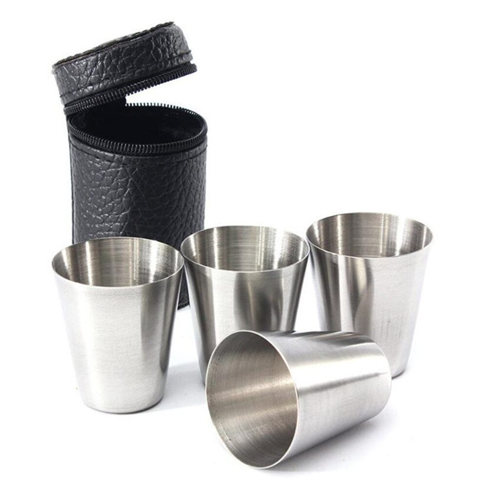 Barware 4Pcs/set Polished 30ML Mini Stainless Steel Shot Cup Wine Drinking Glasses With Leather Cover Bag For Home Kitchen Bar