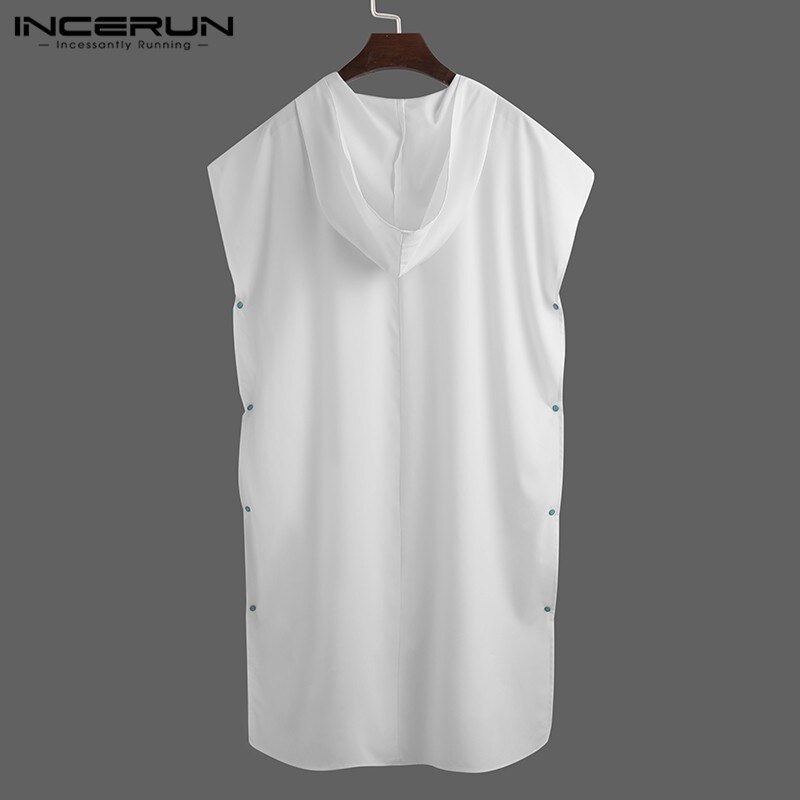 INCERUN Leisure Men Hooded Bathrobes Short Sleeve Quick Dry Beach Robes Solid Color Buttons Nightgown Mens Loose Homewear S-5XL