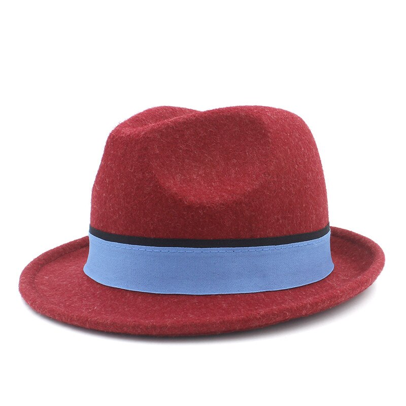 Ull kvinnor homburg fedora hatt med kort brim trilby filt båt jazz hatt med blått band bra pack  a18: Vin, röd