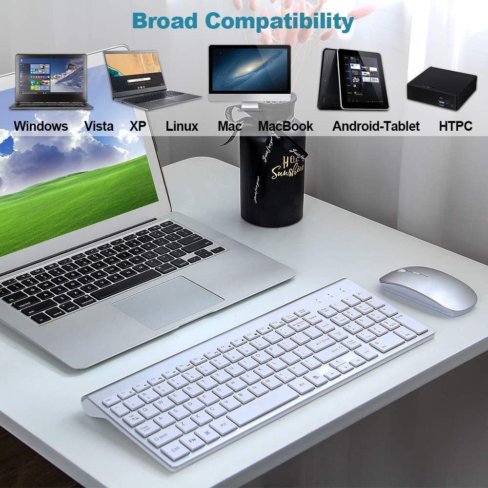2.4G Wireless Keyboard and Mouse, Russian Layout U.S. Layout, Compact, Convenient, Ultra Thin, Ergonomic, Silver White