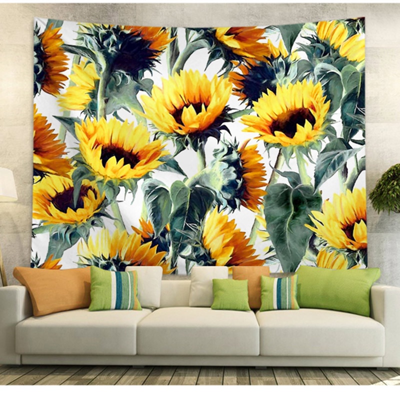 Gobelin ścienny ze słonecznikiem żółty i zielony kwiat roślina liściasta wiszące gobeliny w Świetnie ściana dywan tkaniny wiszące dekoracje ścienne