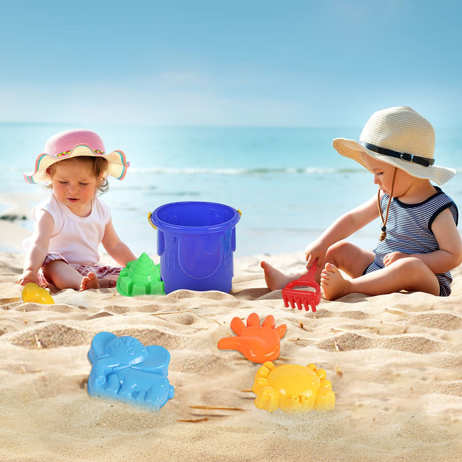 7Pcs Zandbak Speelgoed Strand Zand Speelgoed Set Voor Kinderen, strand Schoppen Spade Tool Kit Met Mesh Bag Kleurrijke Kasteel Emmer Outdoor Fun