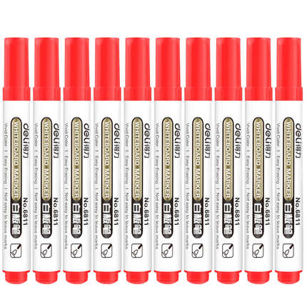 10PCS/BOX Deli 6811 Whiteboard marker Whiteboard pen smooth writing easy erase Black Blue Red 3 colors: Red-10pcs