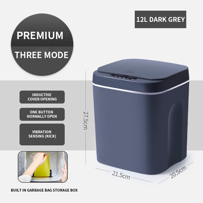 Trash Can Smart Sensor Electronic Automatic 7L/8L Garbage Bin Household Bathroom Toilet Waterproof Narrow Seam Kitchen Trash Bin: Battery grey 12L