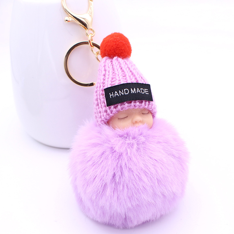 ISINYEE Leuke Slapen Babypop Sleutelhangers Voor Vrouwen Bag Speelgoed Sleutelhanger 8 cm Pluizige Pom pom Faux Bont Sleutelhanger Trinket Sieraden: purple