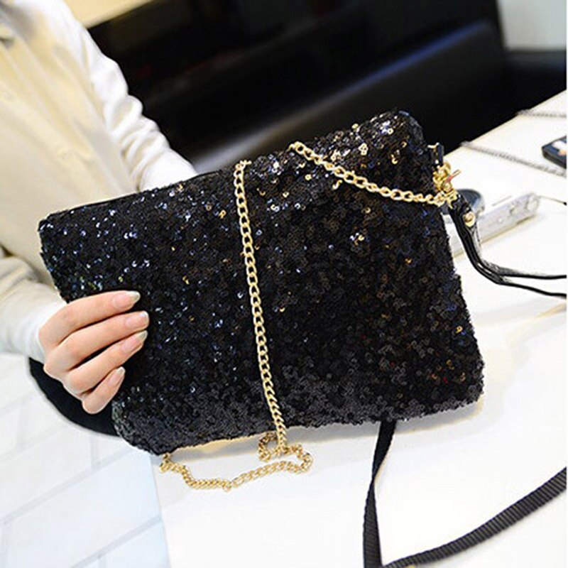 Women Ladies Glitter Sequins Handbag Sparkling Party Evening Envelope Clutch Bag Wallet Tote Purse Black Gold Silver: Black