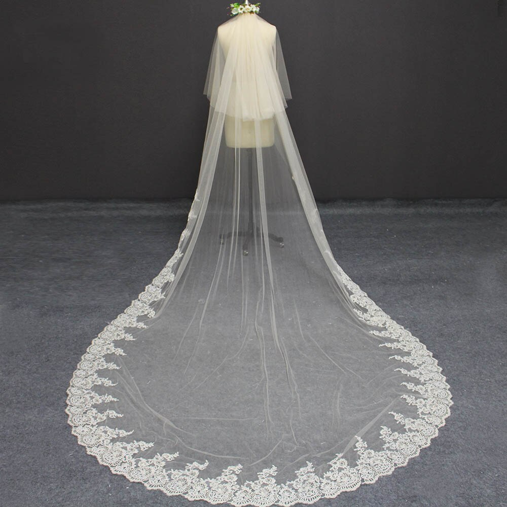 Champagner 2 Schichten Teil Spitze Hochzeit Schleier 3 Meter Lange 2T Abdeckung Gesicht Braut Schleier Champagner/Elfenbein/ weiß Braut Schleier