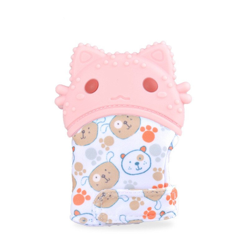 Baby Silicone Mitts Teething Mitten Glove Sound Teether Newborn Chewable Nursing Mittens Teether Natural Stop Sucking Thumb Toy: Pink Cat