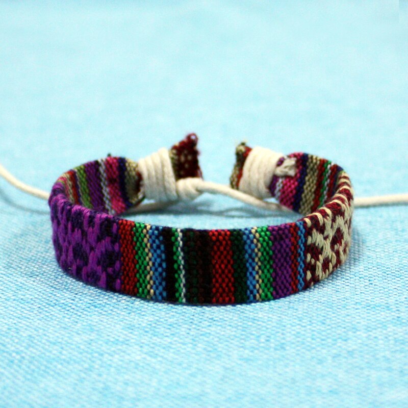 Pulsera Bohemia hecha a mano de estilo étnico para mujer, brazalete de tela trenzada de algodón con patrón étnico, pulseras tejidas bohemias