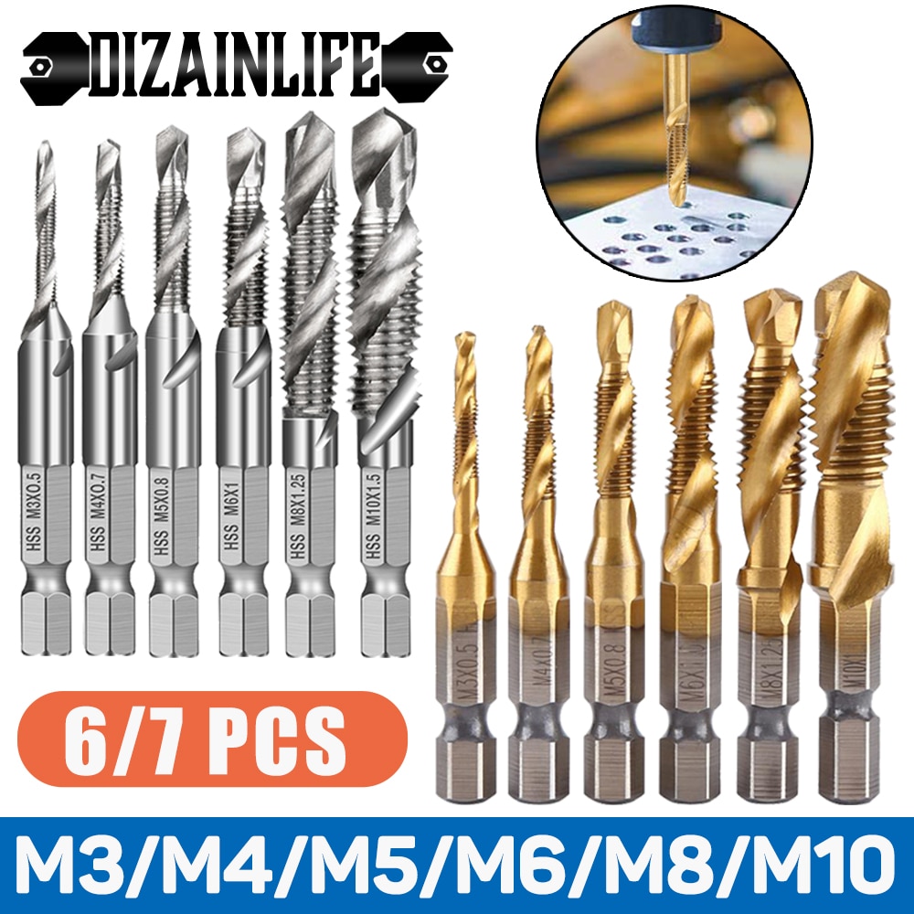 6/7Pcs HSS Screw Thread Metric Tap Drill Bits Set M3-M10 Hex Shank Titanium Plated Compound Screw Tap Drill Bit Set Hand Tools