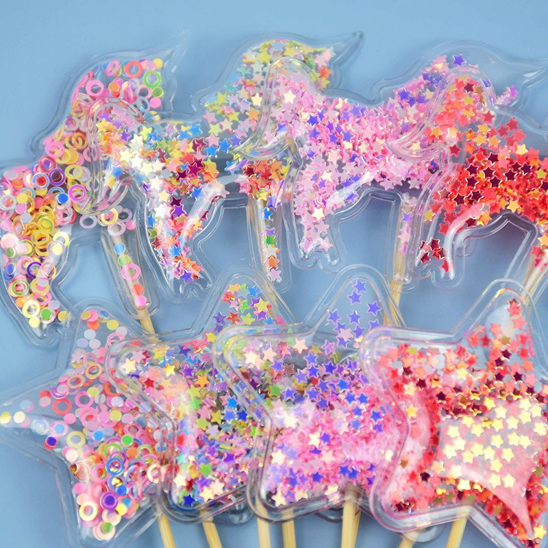 Relleno de lentejuelas de unicornio, Decoración de Pastel de estrellas, para magdalenas, de cumpleaños, decoración de ducha de bebé hojaldre para Postres, 5 uds.