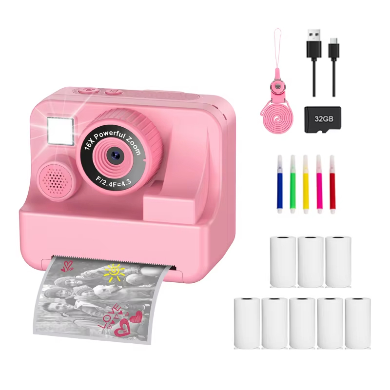 Bee Kids Camera Instant Camera 1080P HD Dual Lens Selfie Digitale Camera Print voor Meisjes Jongens Kerst Verjaardagscadeautjes Speelgoed: Rood/Roze