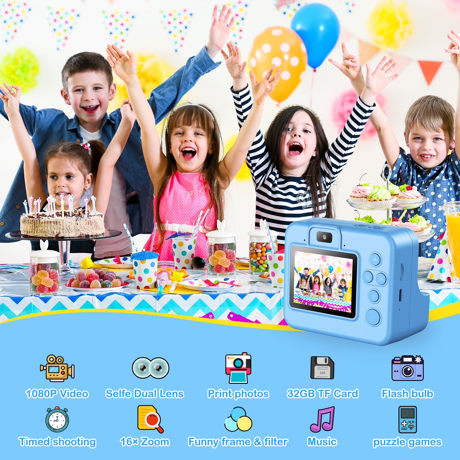 Bee Kids Camera Instant Camera 1080P HD Dual Lens Selfie Digitale Camera Print voor Meisjes Jongens Kerst Verjaardagscadeautjes Speelgoed