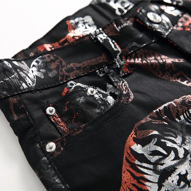 Sokotoo mannen tiger animal gedrukt coated jeans slim fit black geschilderd stretch broek