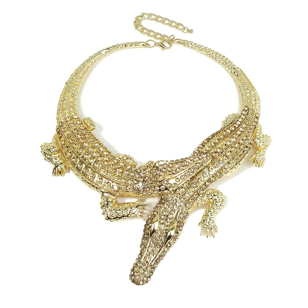 Manilai grandes crocodilos colares incrustação completa strass feminino statement jóias liga torques gargantilha bib colar maxi: Gold Necklaces