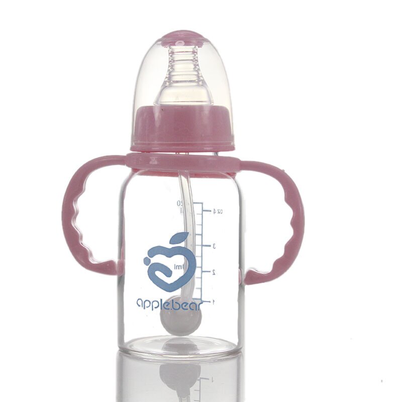 240ml matningskopp i glas med halmgrepp och nacknippla babymatning lär matning dricksmugg: Rosa