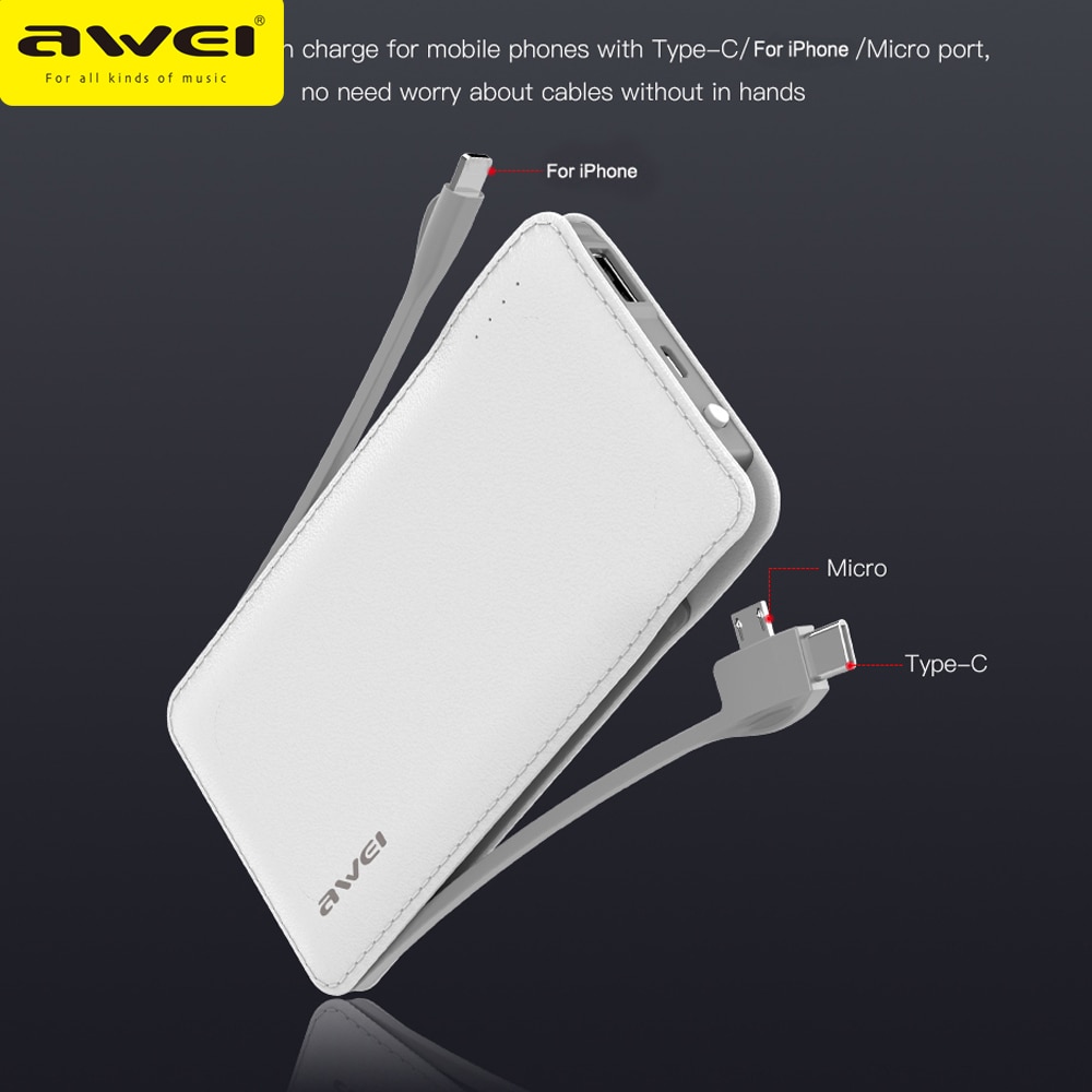 Awei Power Bank P51K Reizen Draagbare Powerbank 10000 Mah Ingebouwde Lightning Type C Micro Kabel Voor Xiaomi