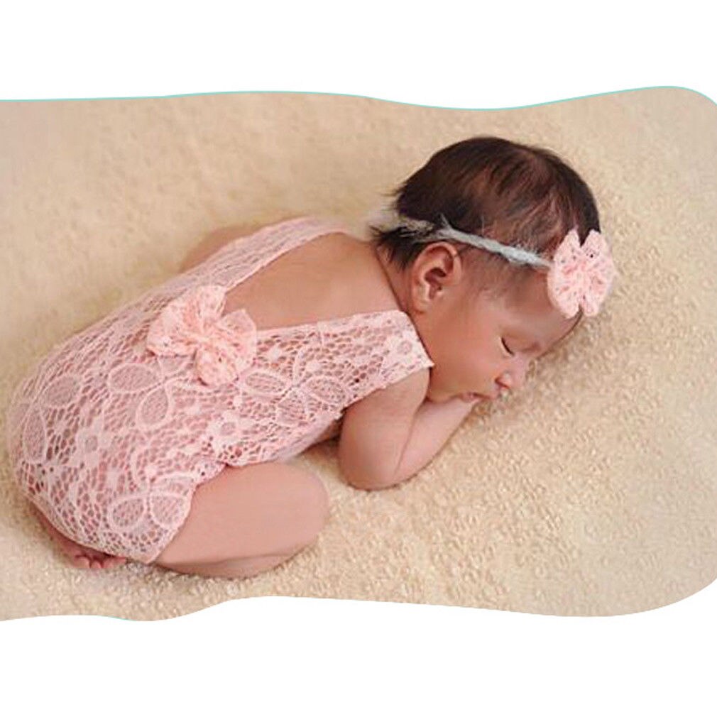 Nyfødt baby pige hæklet strik kostume fotofotografering prop hat tøj baby blonder tøj hovedbånd foto rekvisitter 0 to 2m: Lyserød