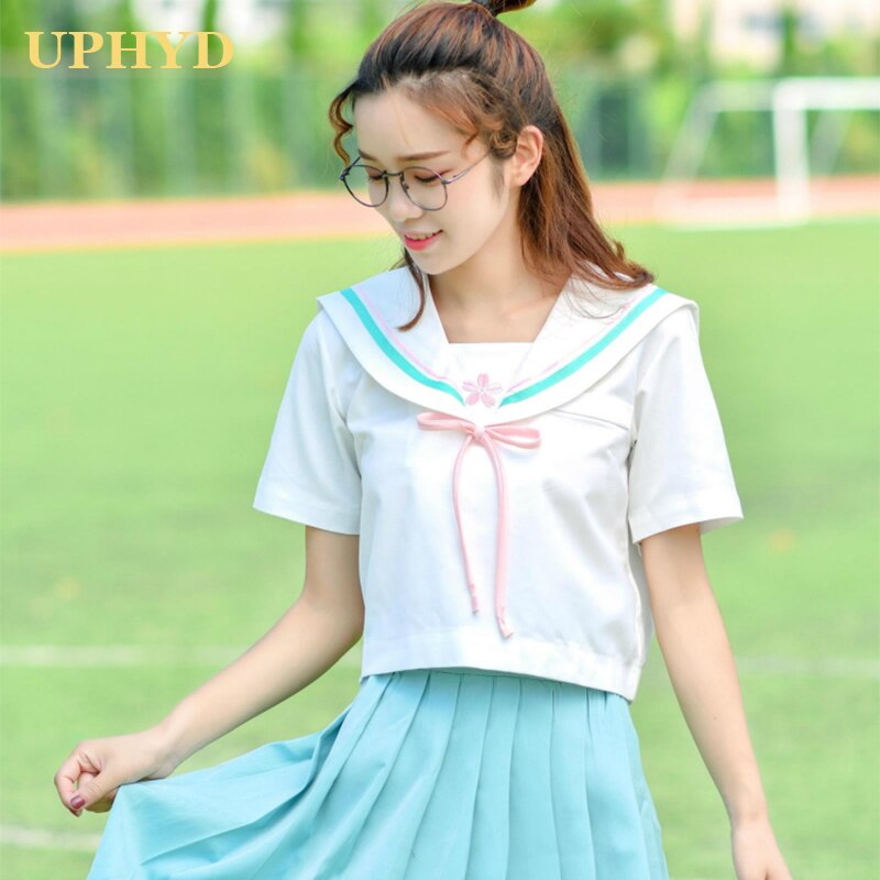 UPHYD Anime School Uniform Lolita Sailor Suits Japan Korea Teen Girls Chorus Uniforms White Shirt and Light Green Pleated Skirt