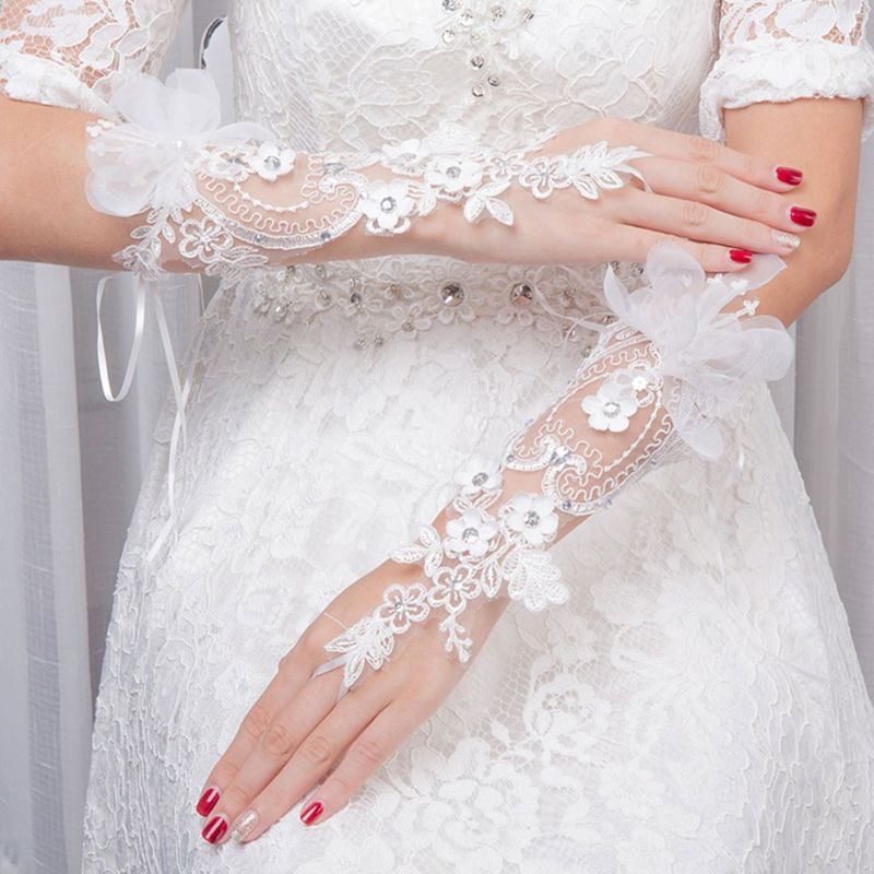 Gants de mariée en dentelle floquée, accessoires pour robe de mariée, crochet Simple, gant Long, charmant,