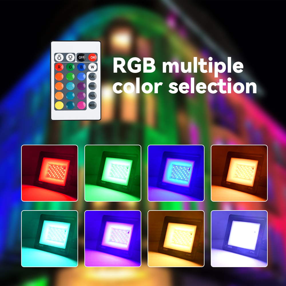 Rgb-flomlys 100w 50w 30w 20w 10w rgb-reflektor  ip66 vanntett led-spotlight 220v projektorlampe utendørs hagebelysning