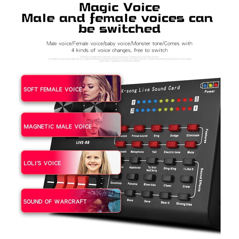 Live  r8 bluetooth sound card, audio interface, usb headset, living room microphone, webcast sound card for phone, computer, pc, singing