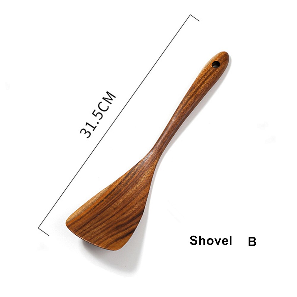 Natural Teak Wood Cooking Spatula Kitchen Utensil Set Tableware Spoon Colander Soup Skimmer Spoon Scoop Kitchen Cooking Tool Set: 1PCS Shovel B