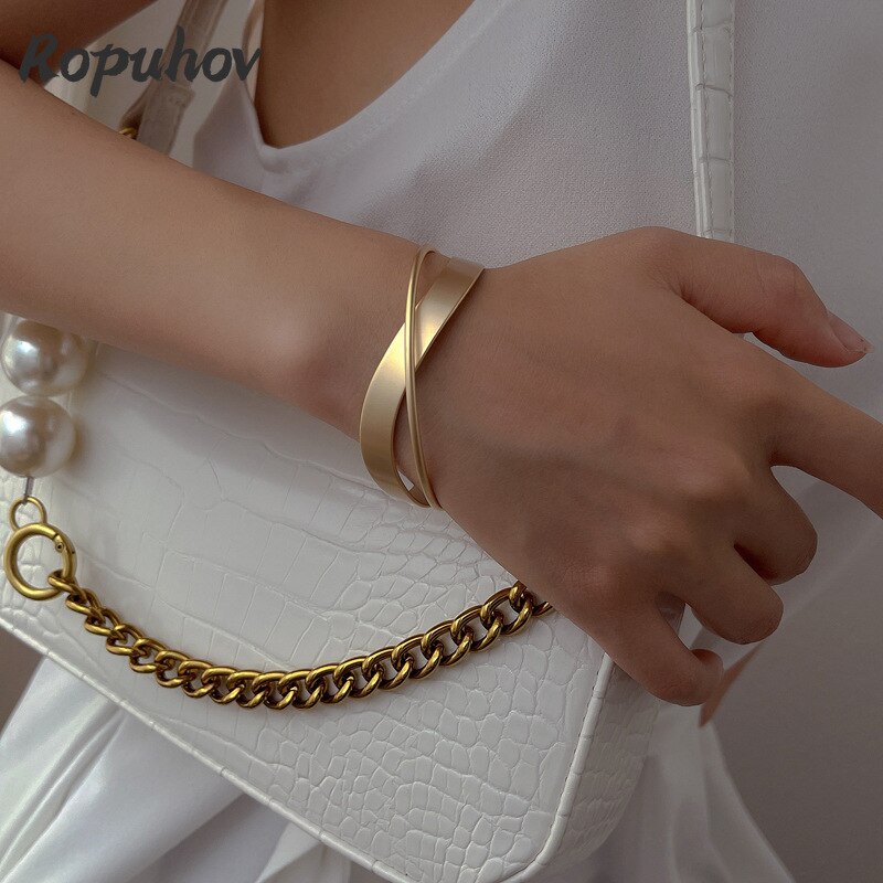 Ropuhov S925 Zilverkleurige Vrouw Koude Wind Armband Geometrische Kruis Armband Stom Goud Metalen Armband Eenvoudige Hand Sieraden