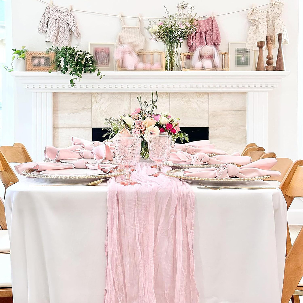 Rosa boho ostduksduk löpare halvtransparent gasvävtyg babyrosa löpare bröllop födelsedagsfest babyshowerdekorationer