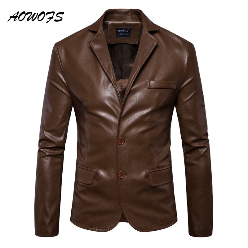 AOWOFS Heren Lederen Blazers Slim Fit Blazer Masculino Lente Herfst Bruin Zwart Lederen Blazer Mannen Jassen Plus Size 5XL