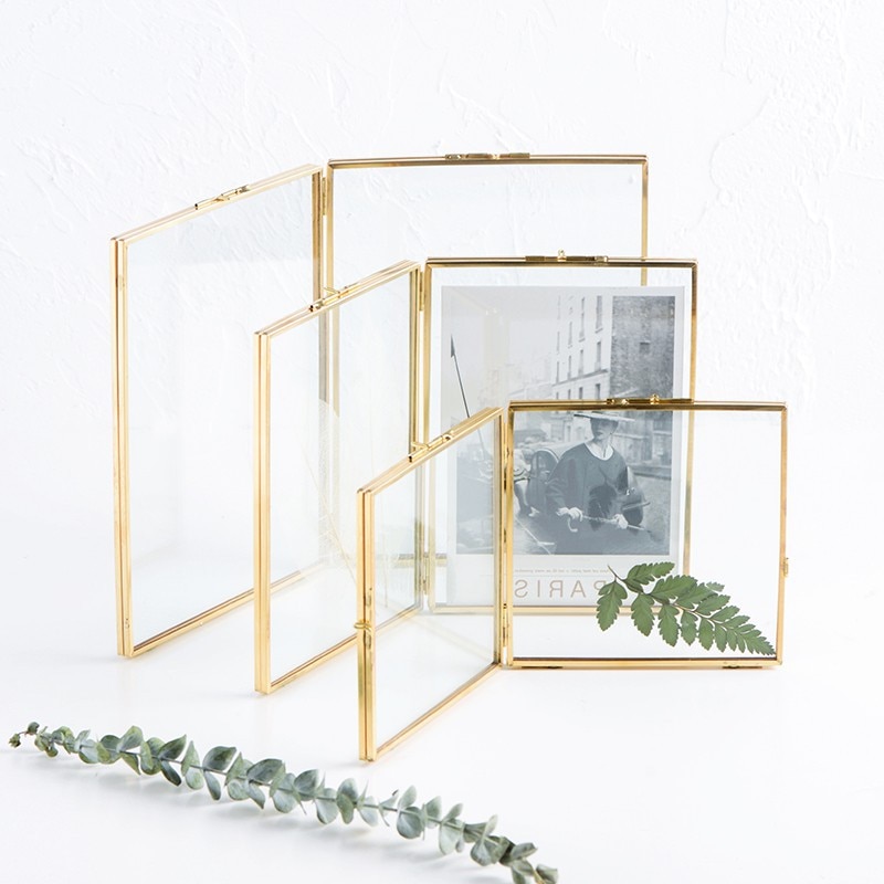 Folded Double-Sided Glass Metal Photo Frame, Botanical Specimen Holder, Electroplated Gold-Covered Display Stand