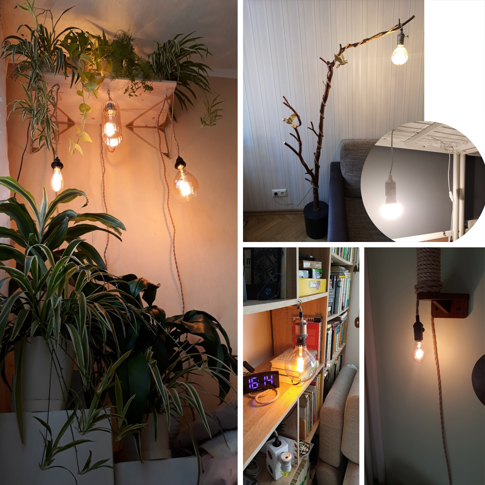 Netledning til e27 lampefatninger eu-stik hampereb 2 meter 3 meter elektrisk ledning lampefatning fatning retro tænd/sluk-kabel