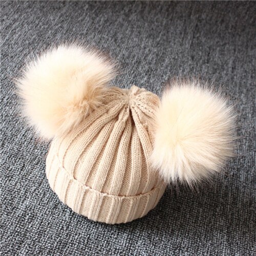 Hiver laine tricoté chapeau enfants infantile -né enfants bébé casquettes bonnet avec deux Double Pom Pom Beanie pour garçons fille 1-3 ans: Beige